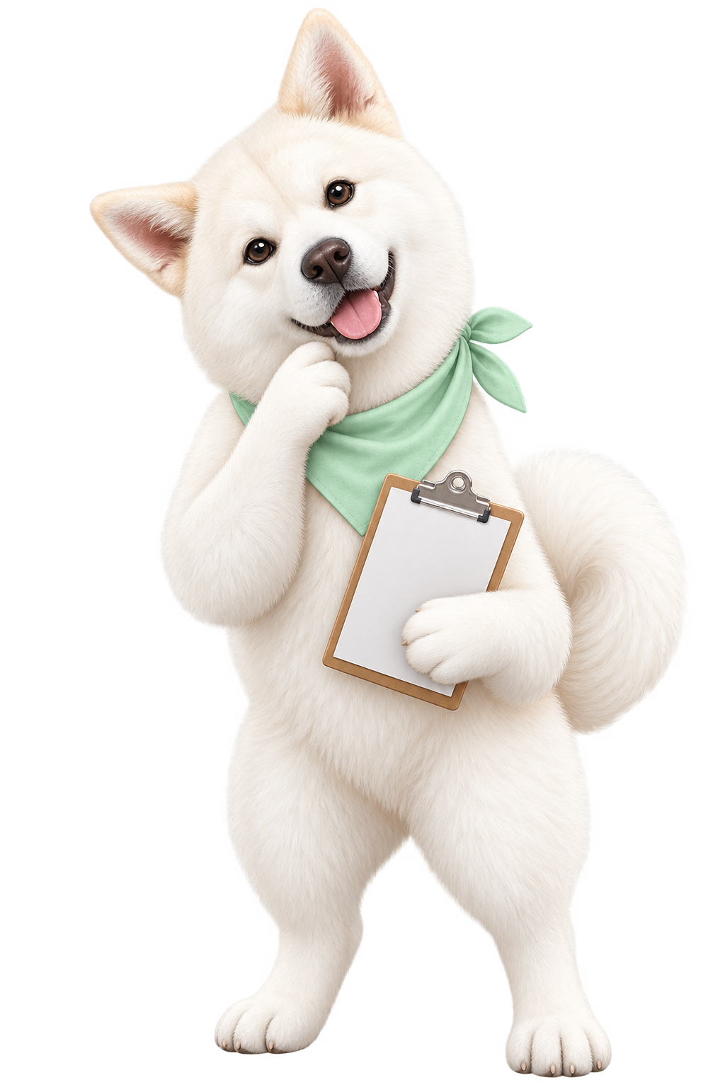 抱著處方板思考的白色秋田犬