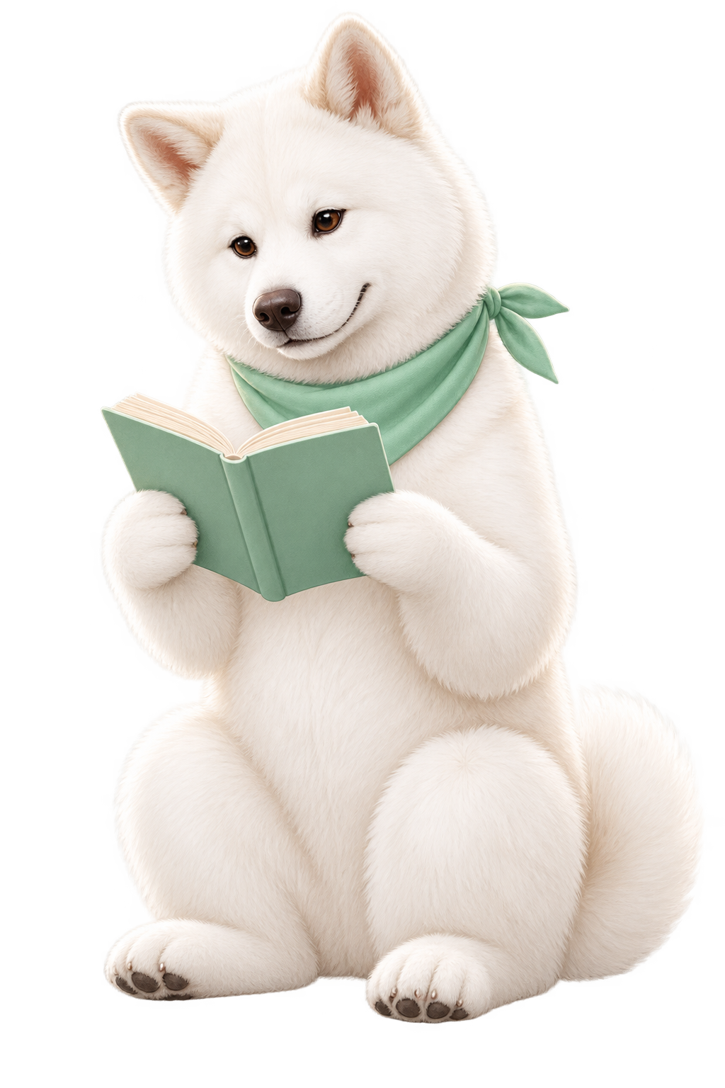 正在讀書的白色秋田犬