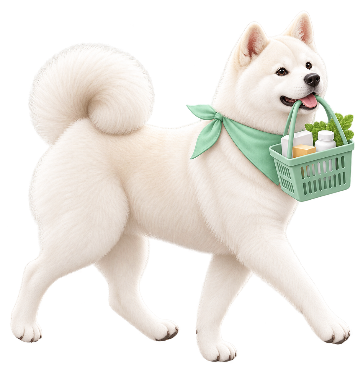 提著照護用品籃的白色秋田犬